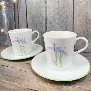 Corelle Corning Shadow Iris Teacup Saucer Set 4 Mugs Cups Stoneware Made In USA